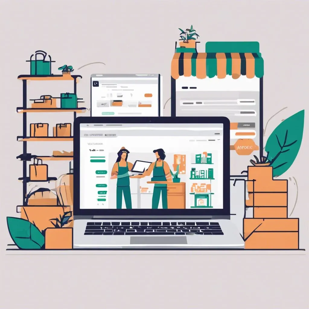 Illustratie van een persoon die een webshop bouwt in Wageningen met WordPress en WooCommerce